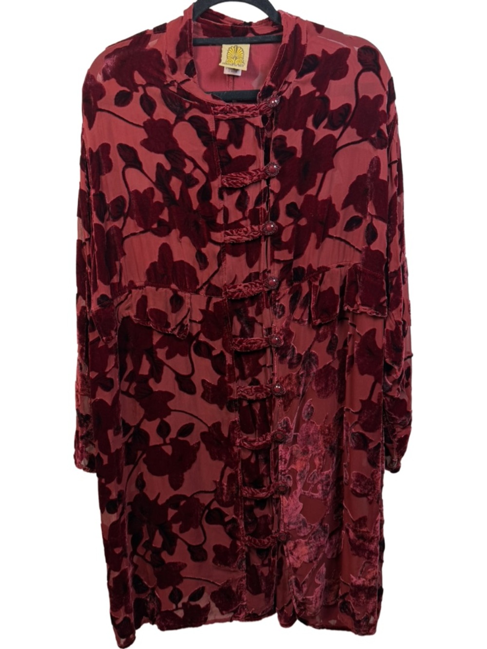 Red Floral Velvet Burnout Long Sleeve Duster by Kristen St. Rrik